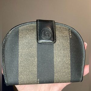 Fendi Pequin Stripe Brown Black Leather Canvas Coin Card Cash Shell Snap Wallet